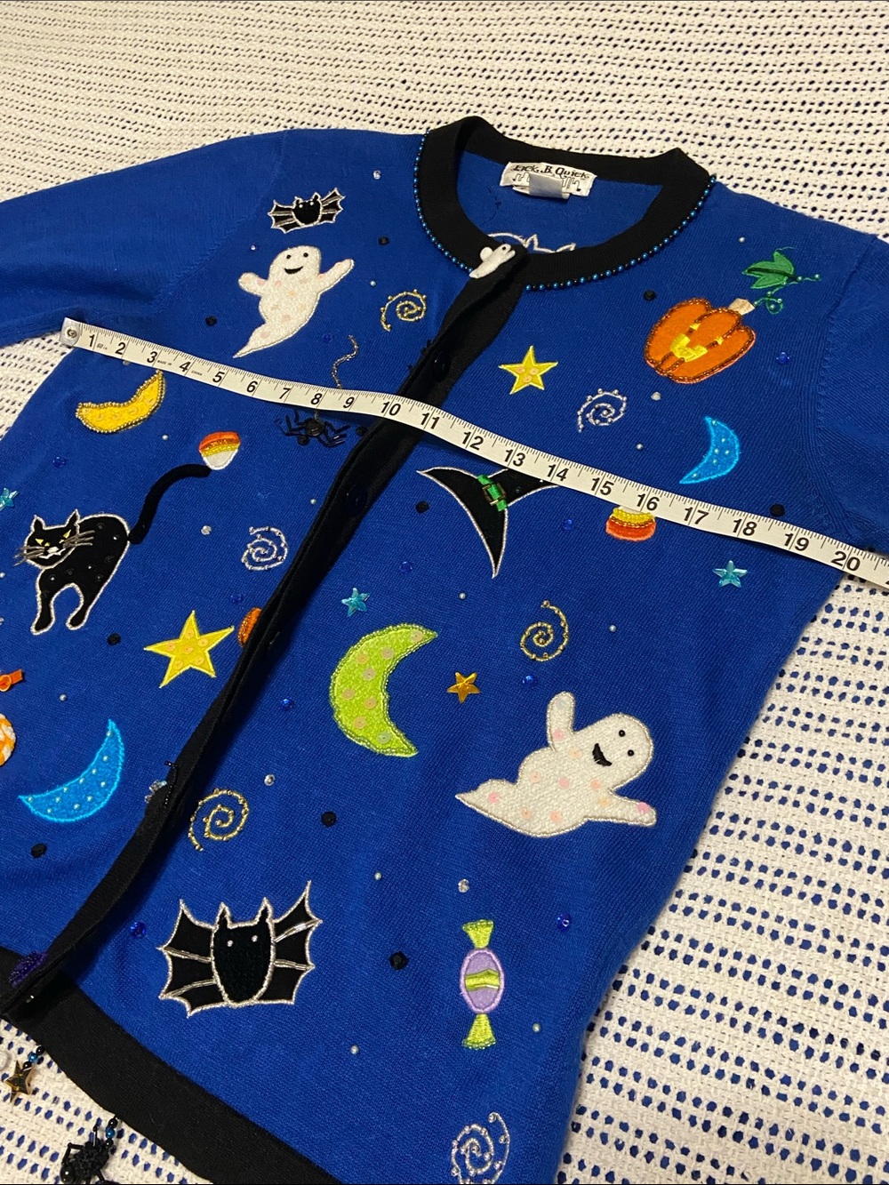 Jack B Quick Halloween Cardigan features Charms Beads patches Size Small - Picture 15 of 15